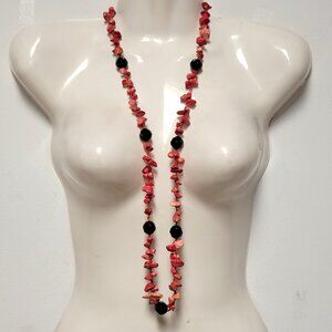 Coral Red and Black Chips and Bead Long Necklace